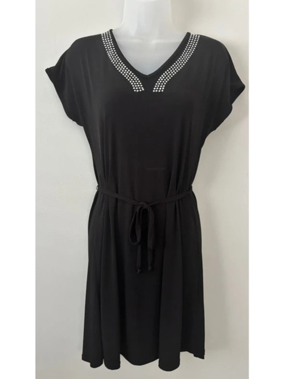 Amana Black Rhinestone Shift Dress with Tie Waist – Size Small